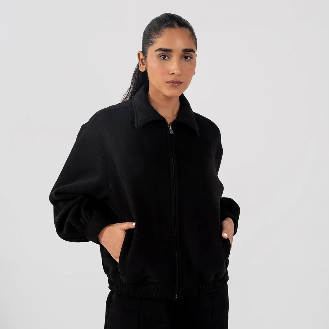 Ladies Collar Zip Jacket Black